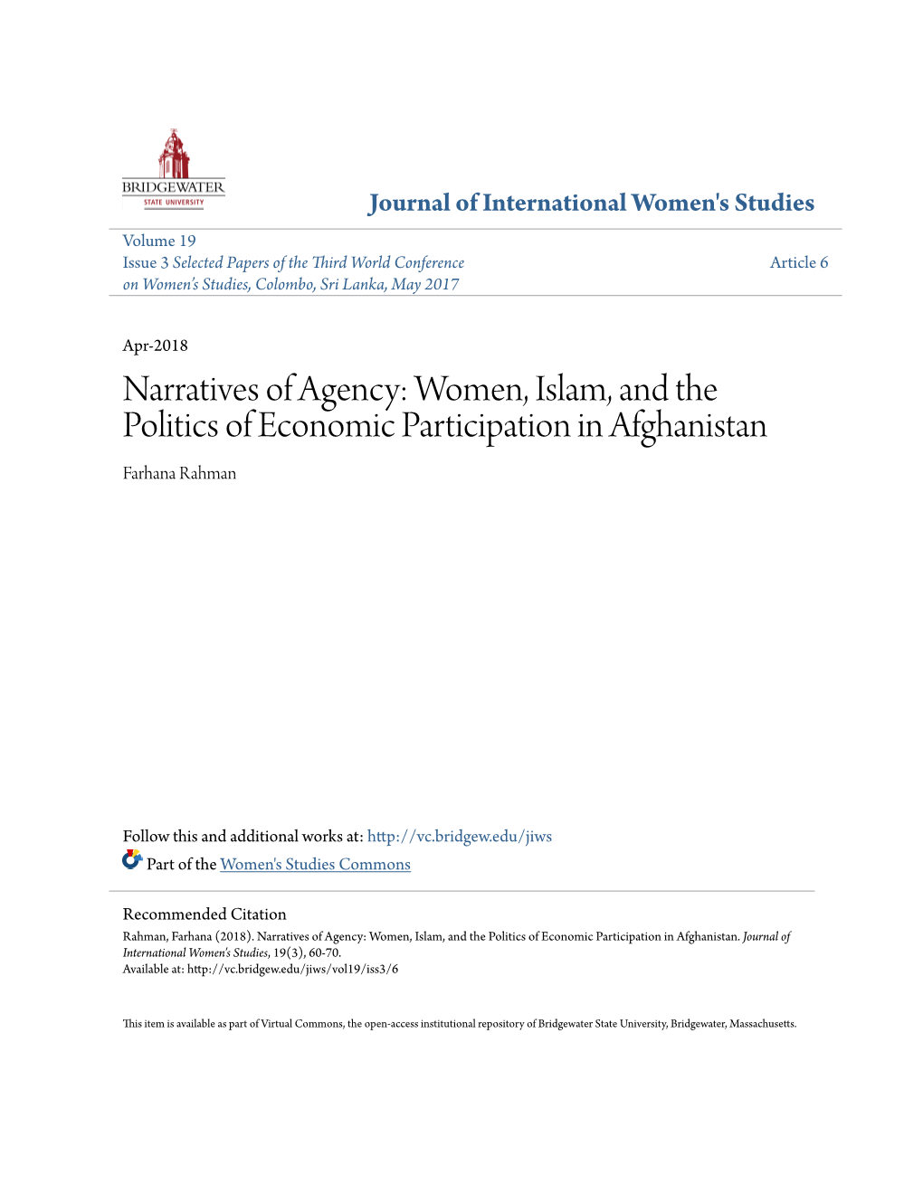 Women, Islam, and the Politics of Economic Participation in Afghanistan Farhana Rahman