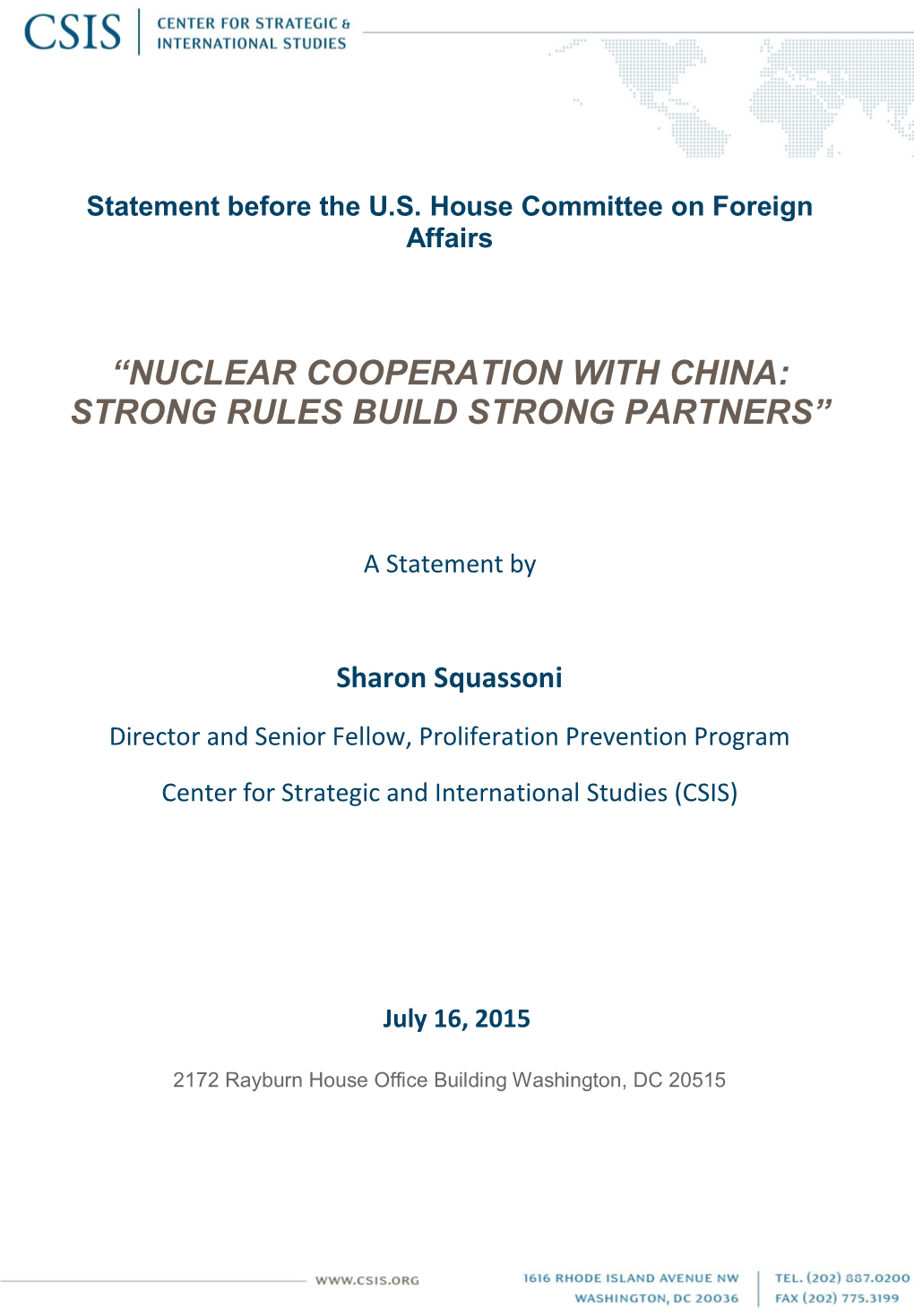“Nuclear Cooperation with China: Strong Rules Build Strong Partners”
