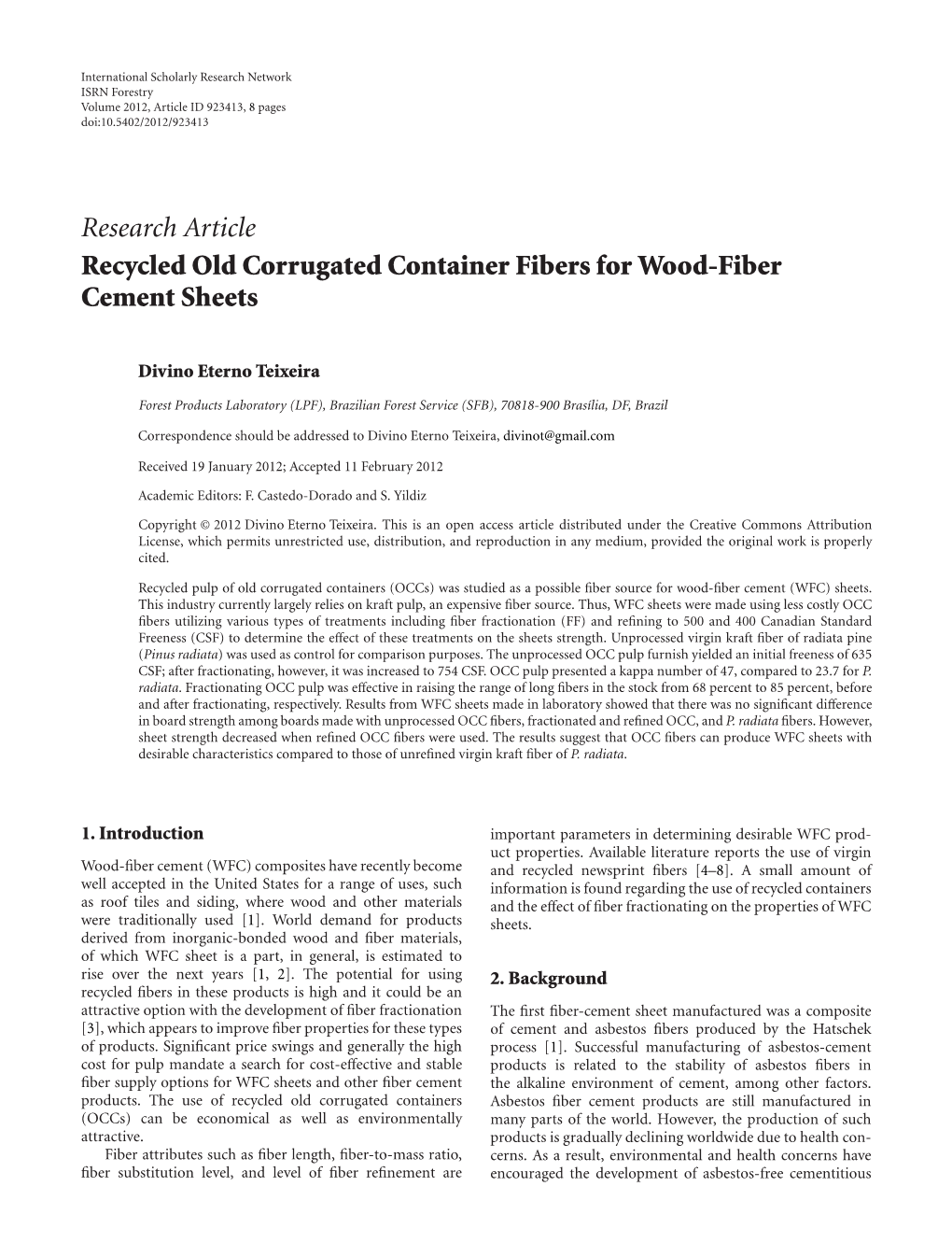 Research Article Recycled Old Corrugated Container Fibers for Wood-Fiber Cement Sheets