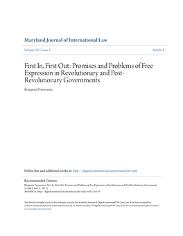 First In, First Out: Promises and Problems of Free Expression in Revolutionary and Post- Revolutionary Governments Benjamin Pomerance