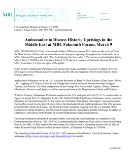 Ambassador to Discuss Historic Uprisings in the Middle East at MBL Falmouth Forum, March 9