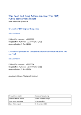Thai Food and Drug Administration (Thai FDA) Public Assessment Report New Medicinal Products