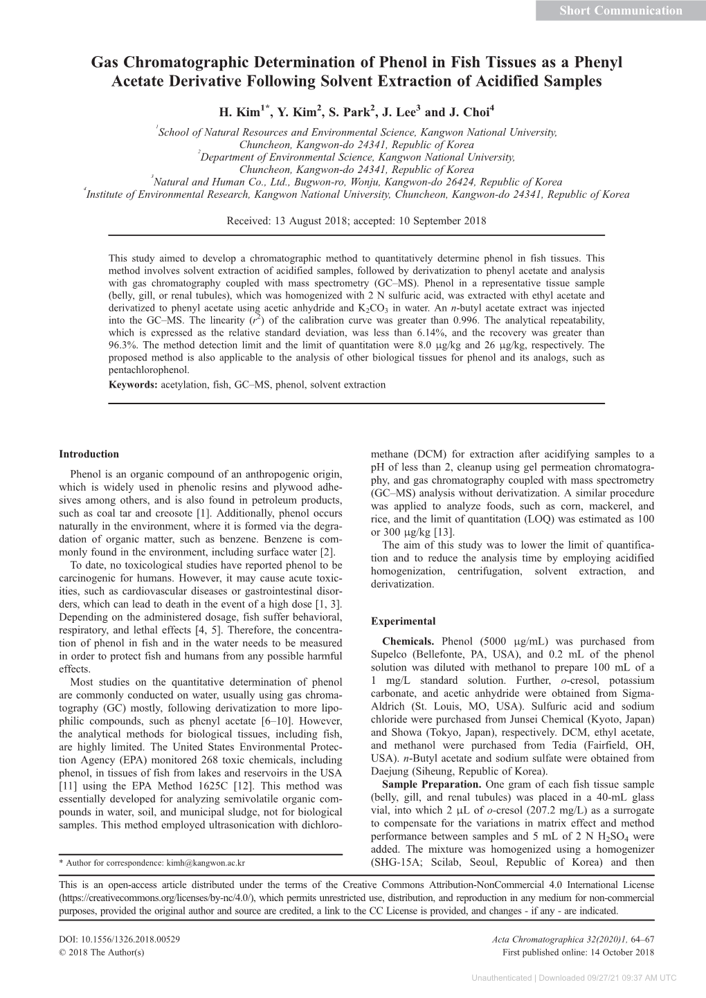 Gas Chromatographic Determination of Phenol in Fish Tissues As a Phenyl Acetate Derivative Following Solvent Extraction of Acidified Samples