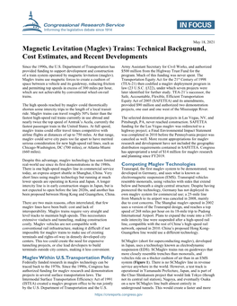 Magnetic Levitation (Maglev) Trains: Technical Background, Cost Estimates, and Recent Developments
