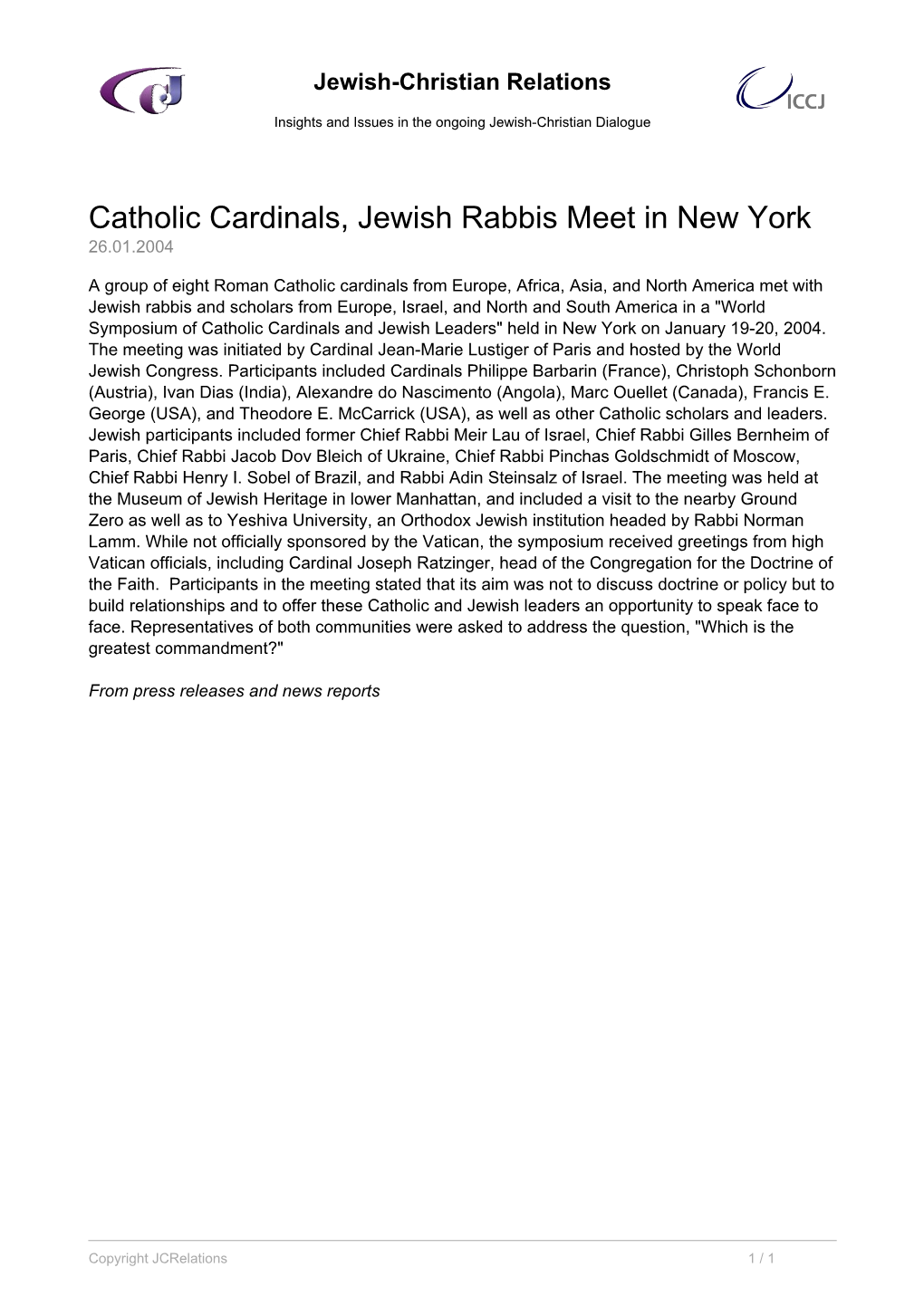 Catholic Cardinals, Jewish Rabbis Meet in New York 26.01.2004