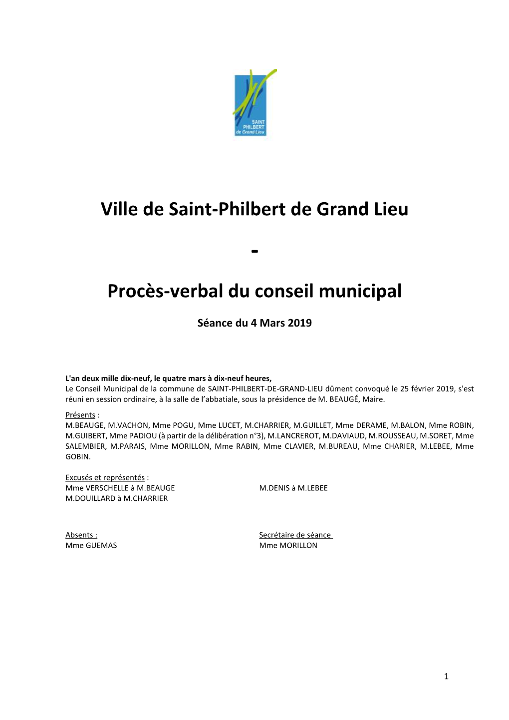 Ville De Saint-Philbert De Grand Lieu Procès-Verbal Du Conseil Municipal