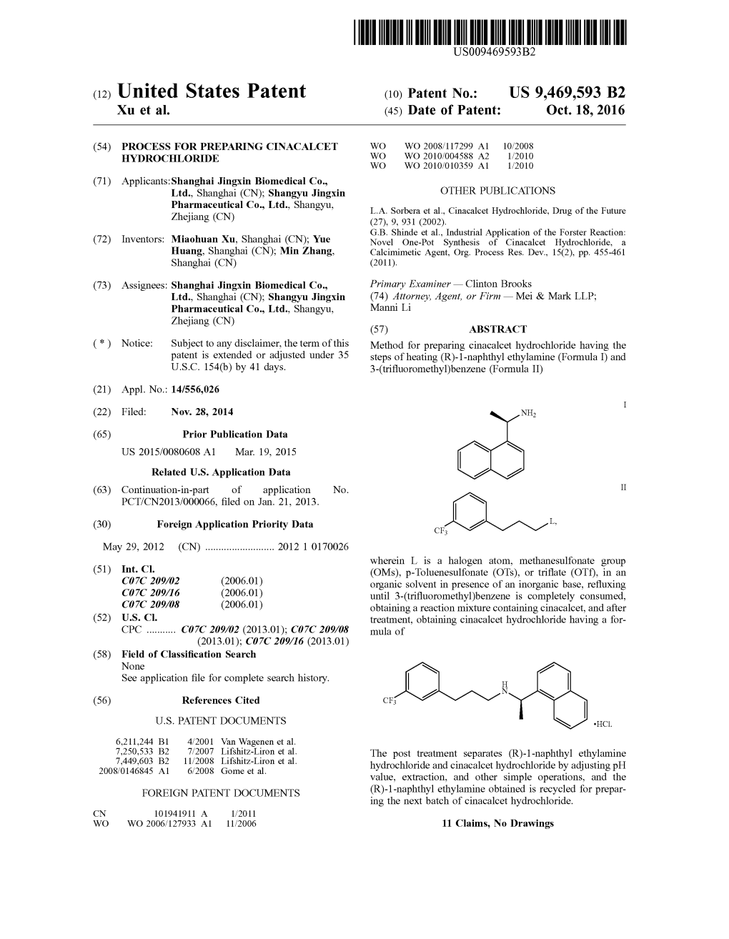 (12) United States Patent (10) Patent No.: US 9,469,593 B2 Xu Et Al