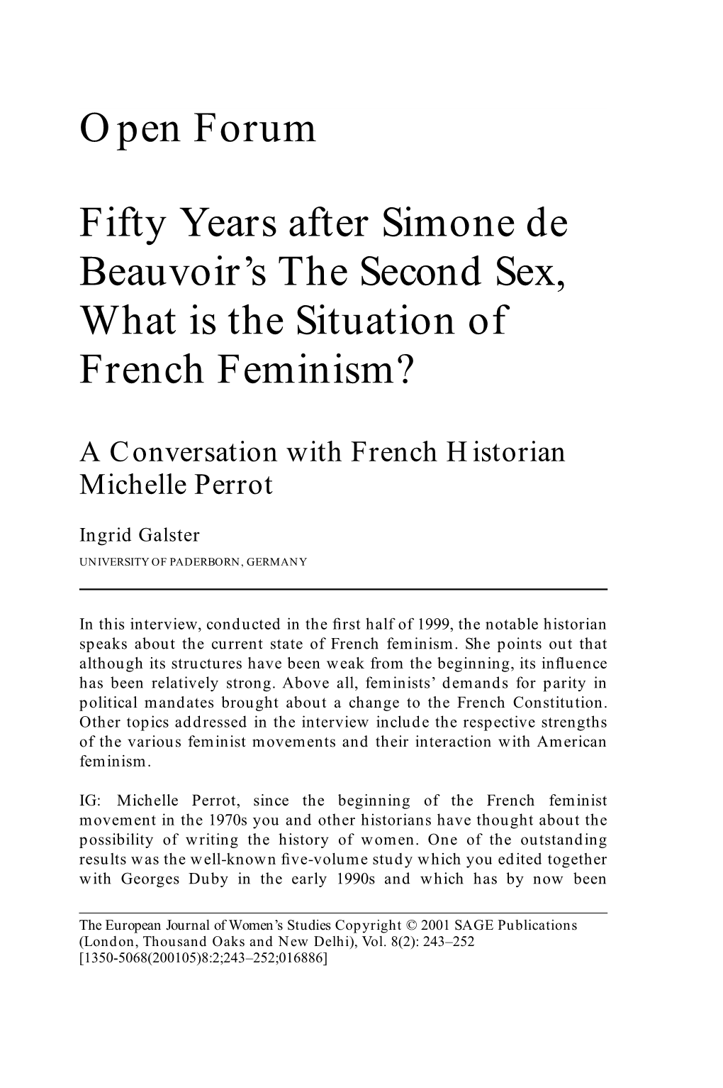 Open Forum Fifty Years After Simone De Beauvoir's the Second Sex