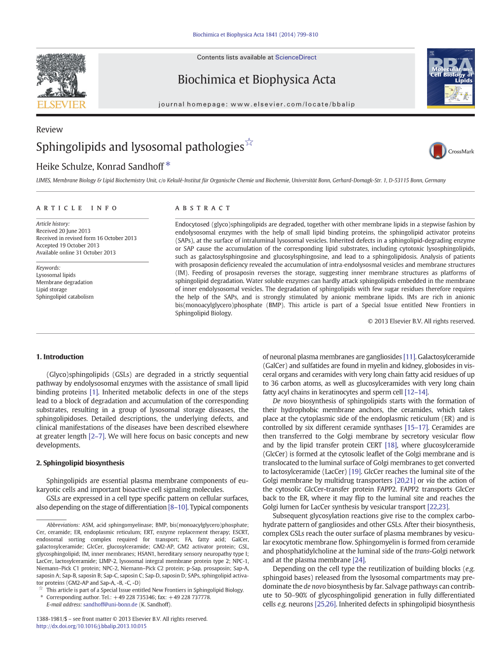 Sphingolipids and Lysosomal Pathologies☆