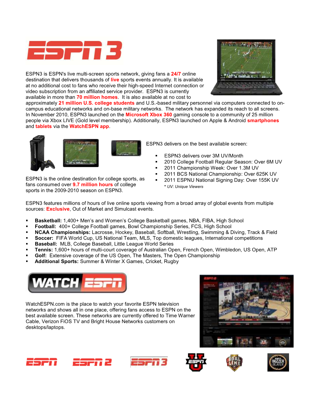 ESPN3 Is ESPN's Live Multi-Screen Sports Network, Giving Fans a 24/7 Online Destination That Delivers Thousands of Live Sports Events Annually