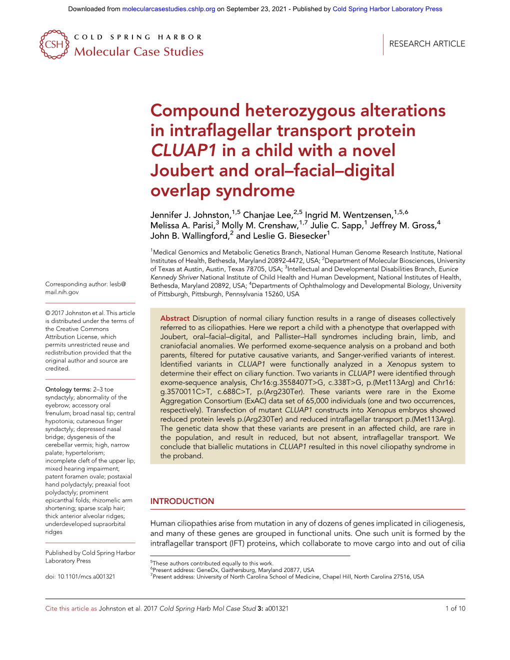 Compound Heterozygous Alterations in Intraflagellar Transport Protein CLUAP1 in a Child with a Novel Joubert and Oral–Facial–Digital Overlap Syndrome