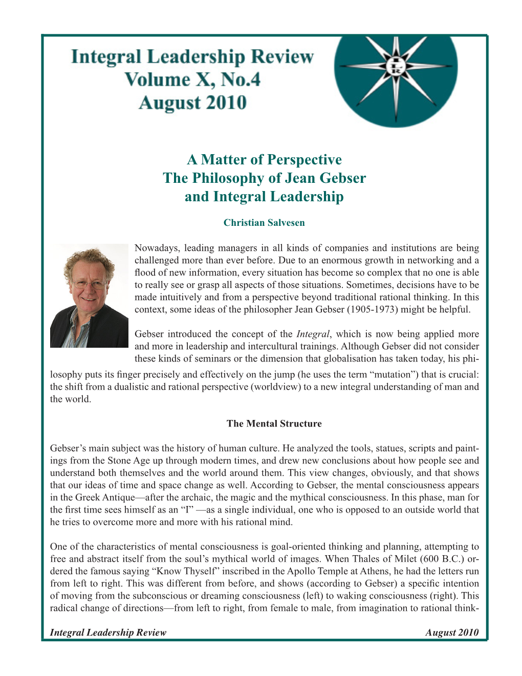 A Matter of Perspective the Philosophy of Jean Gebser and Integral Leadership