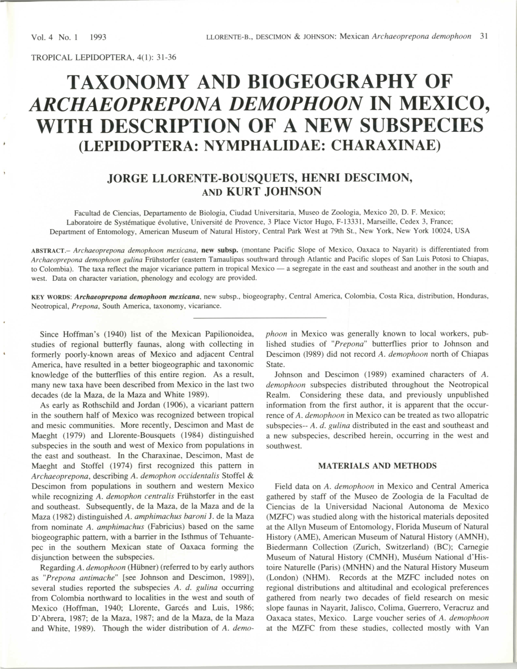 Taxonomy and Biogeography of Archaeoprepona Demophoon in Mexico, with Description of a New Subspecies (Lepidoptera: Nymphalidae: Charaxinae)