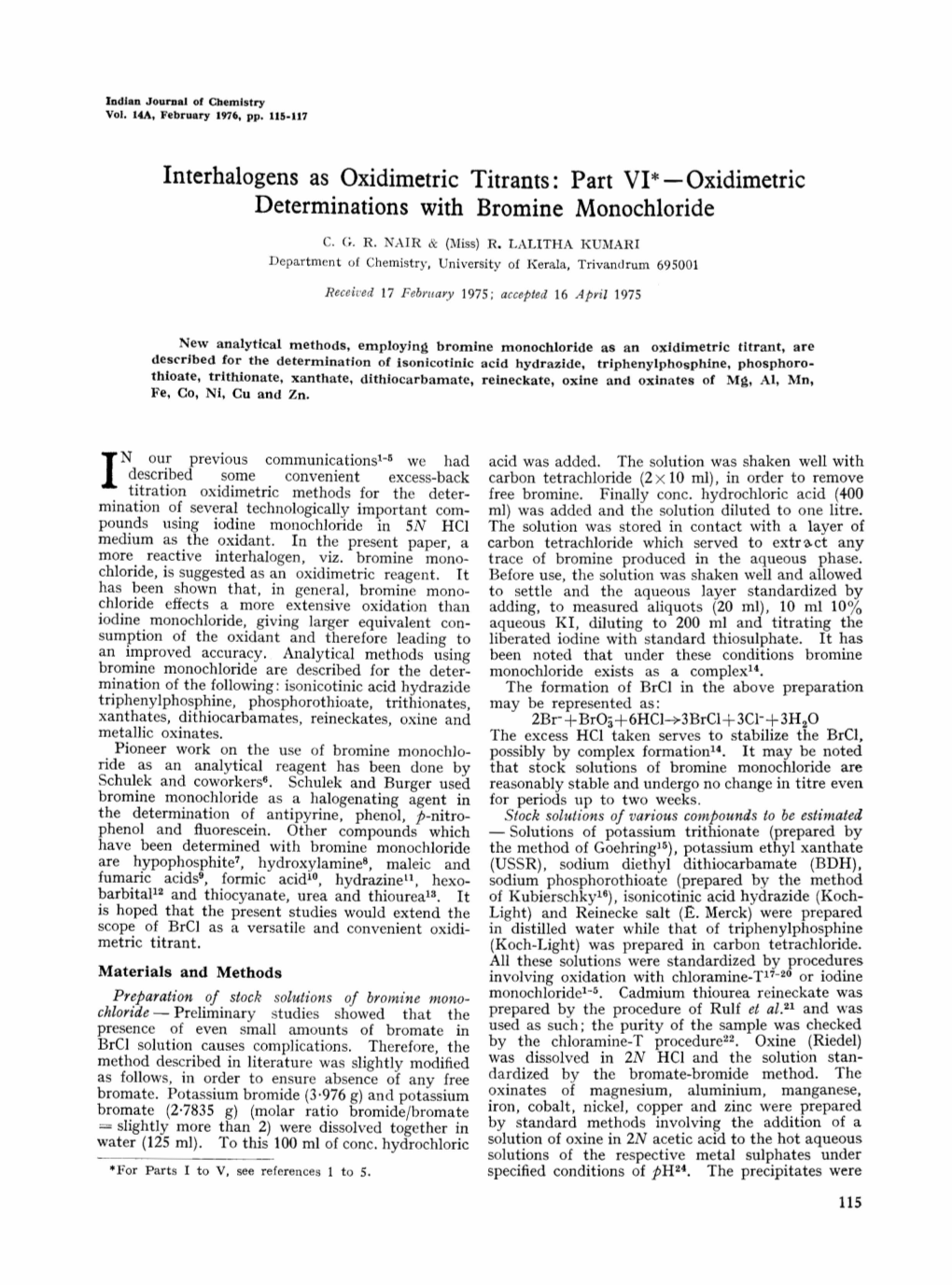 Oxidimetric Determinations with Bromine Monochloride
