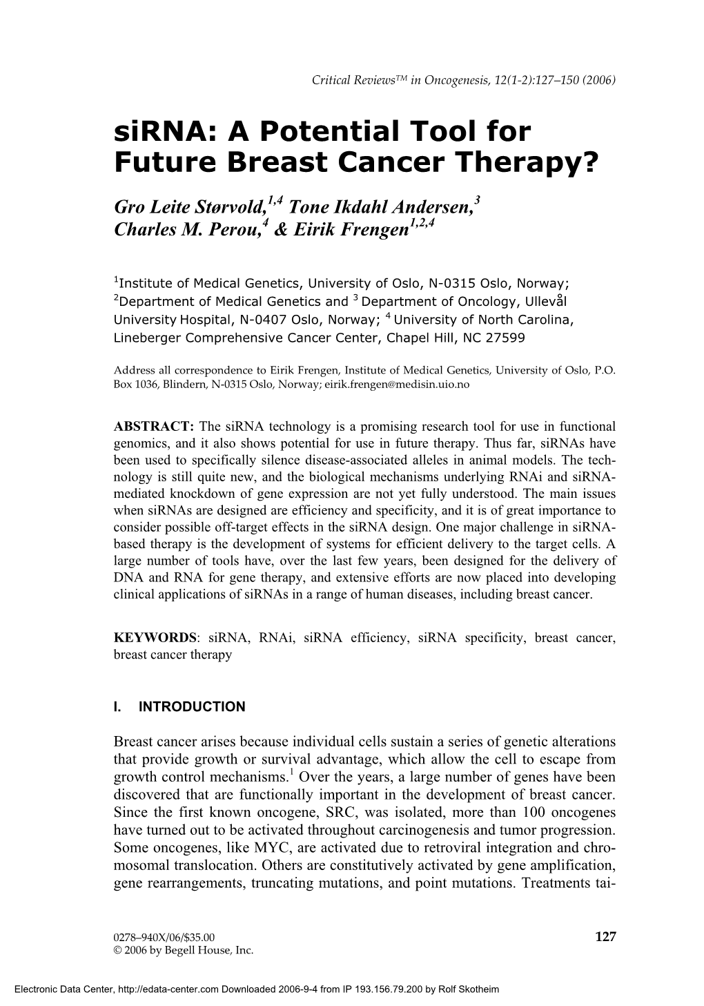 Sirna: a Potential Tool for Future Breast Cancer Therapy?
