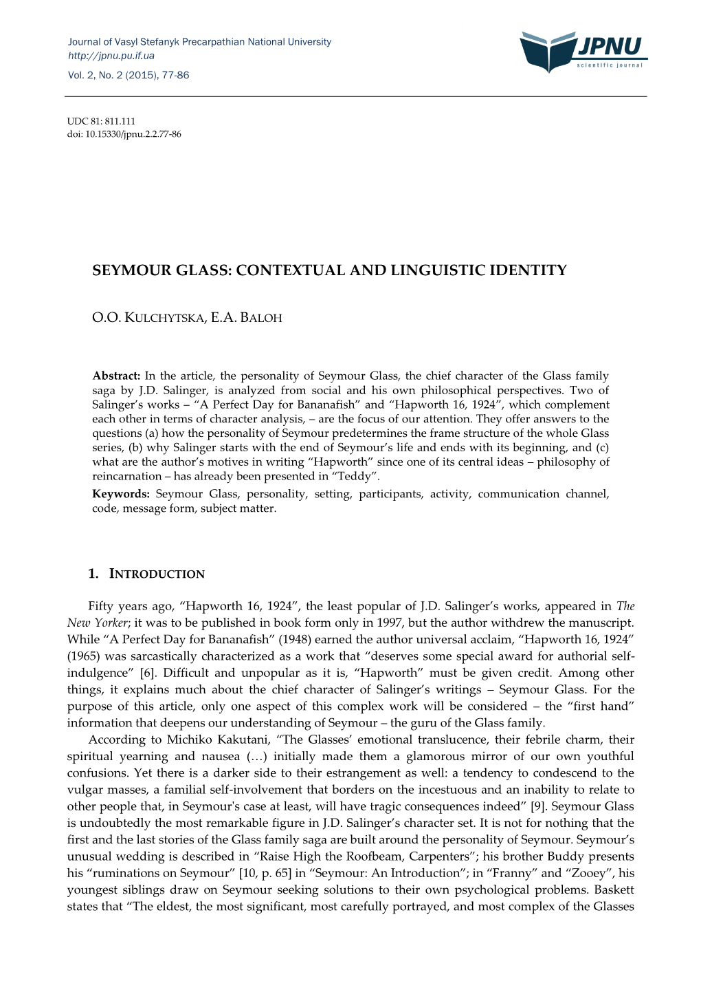 Seymour Glass: Contextual and Linguistic Identity 77 Vol