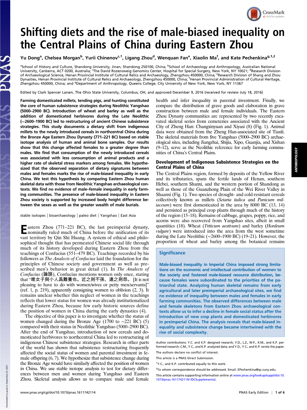 Shifting Diets and the Rise of Male-Biased Inequality on the Central Plains of China During Eastern Zhou