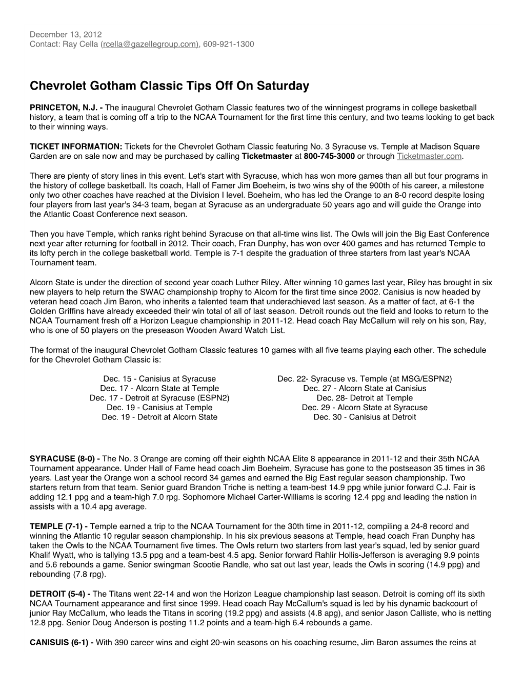 Chevrolet Gotham Classic Tips Off on Saturday