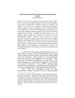 Ambivalence and Activism: Employment Discrimination in China Timothy Webster*