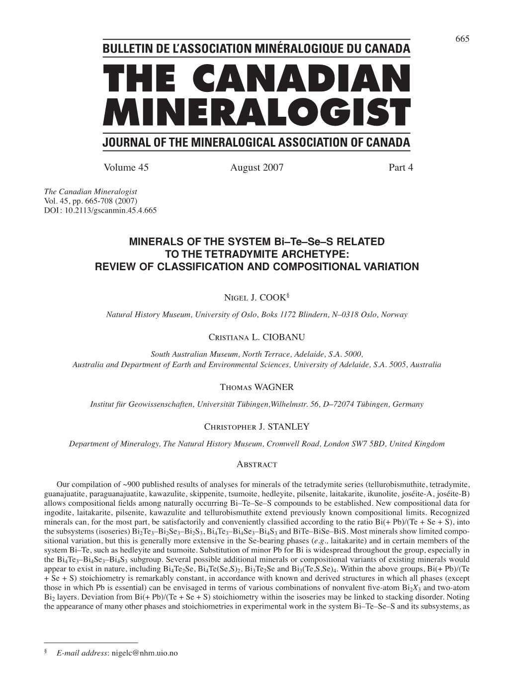 MINERALS of the SYSTEM Bi–Te–Se–S RELATED to the TETRADYMITE ARCHETYPE: REVIEW of CLASSIFICATION and COMPOSITIONAL VARIATION