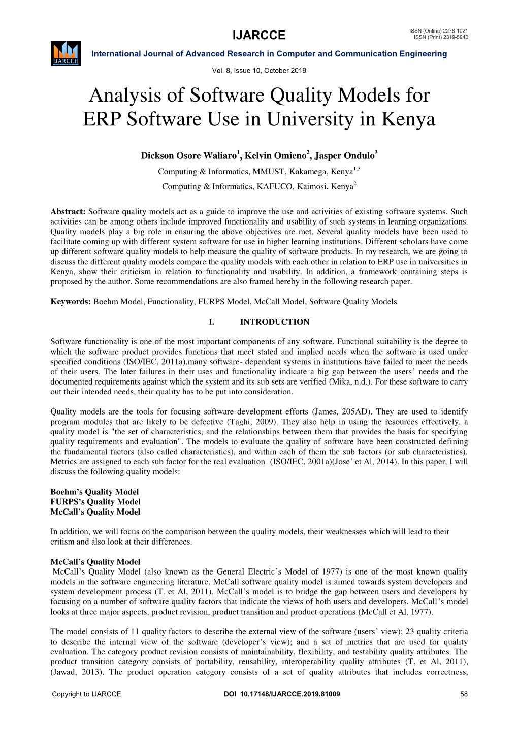 Analysis of Software Quality Models for ERP Software Use in University in Kenya