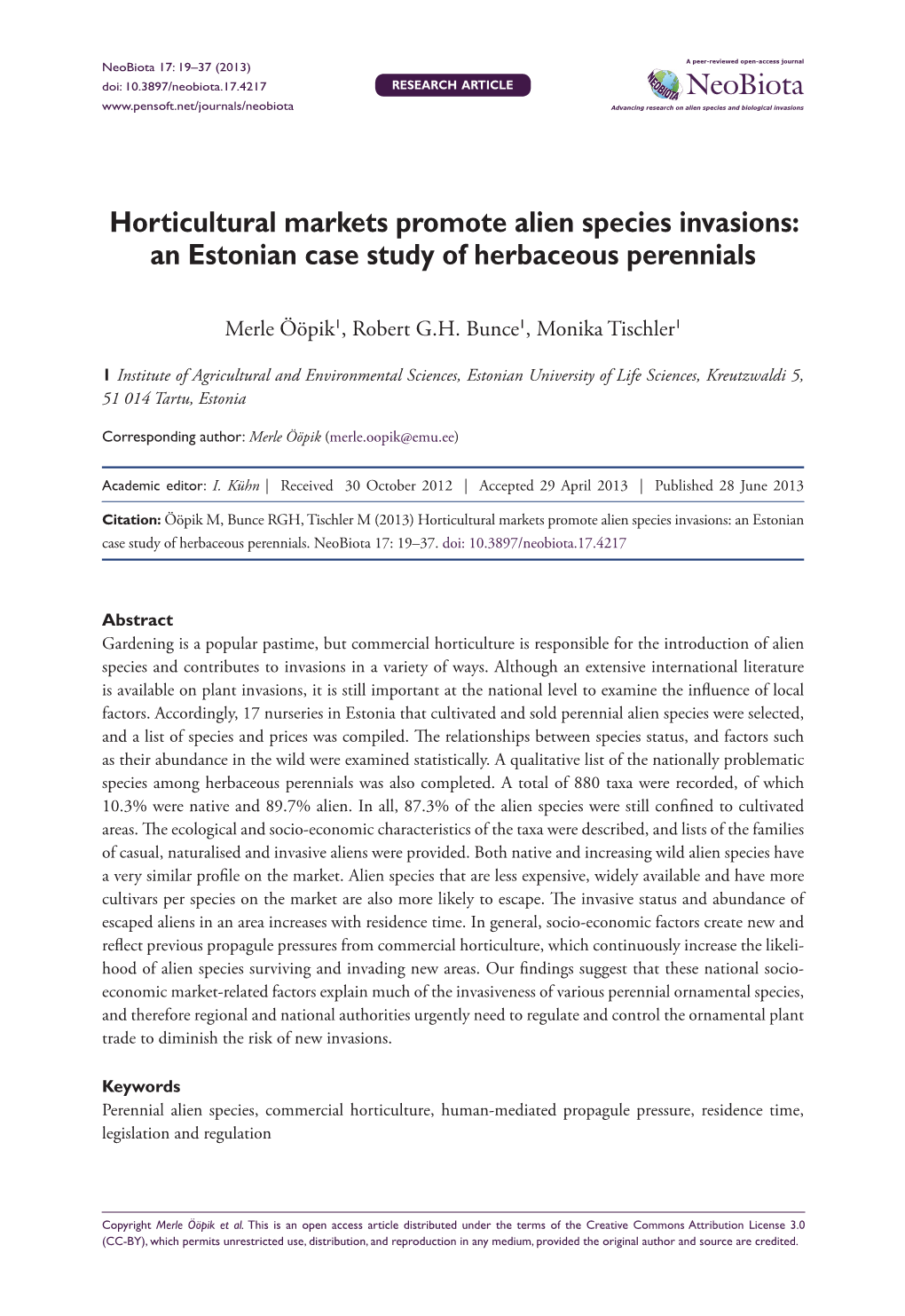 Horticultural Markets Promote Alien Species Invasions: an Estonian Case Study of Herbaceous Perennials