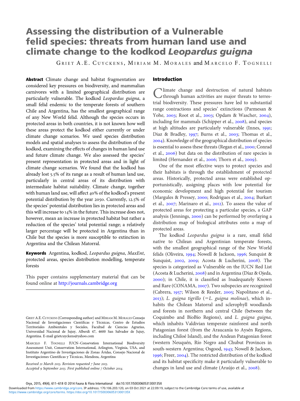 Assessing the Distribution of a Vulnerable Felid Species: Threats from Human Land Use and Climate Change to the Kodkod Leopardus Guigna