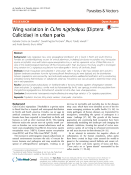 Wing Variation in Culex Nigripalpus (Diptera: Culicidae) in Urban Parks