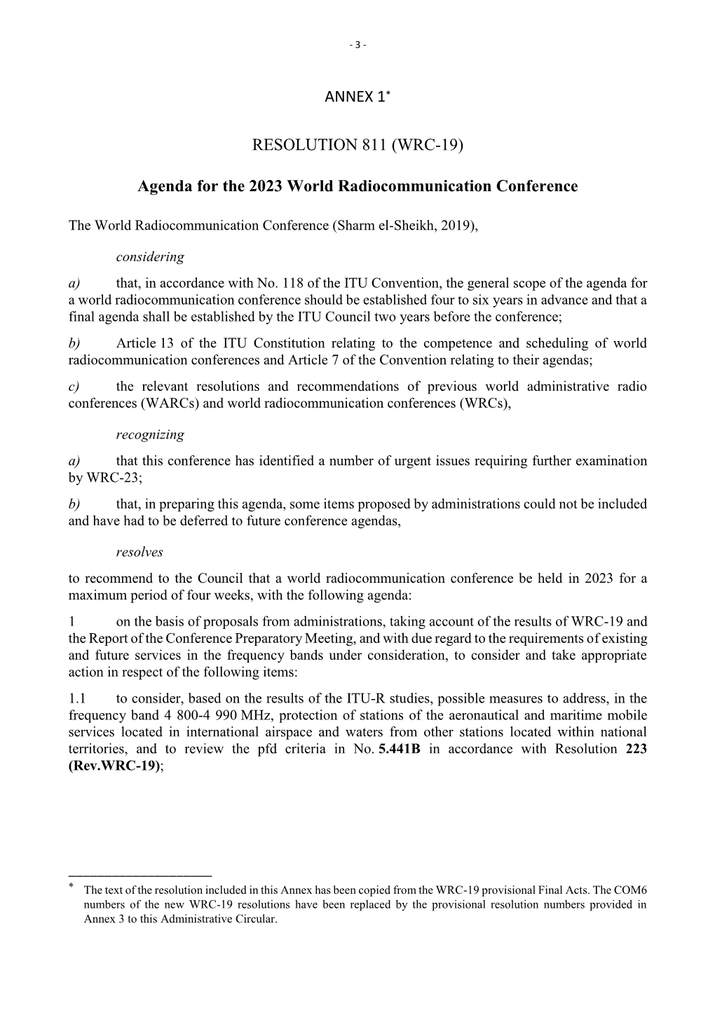 (WRC-19) Agenda for the 2023 World Radiocommunication Conference