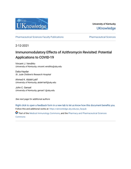 Immunomodulatory Effects of Azithromycin Revisited: Potential Applications to COVID-19