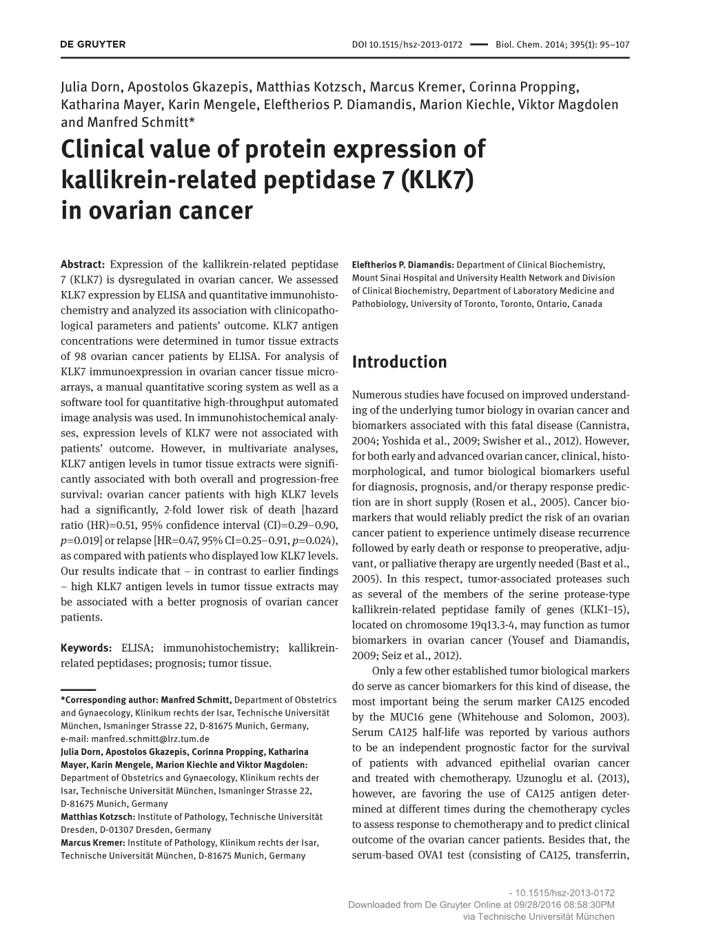 Clinical Value of Protein Expression of Kallikrein-Related Peptidase 7 (KLK7) in Ovarian Cancer