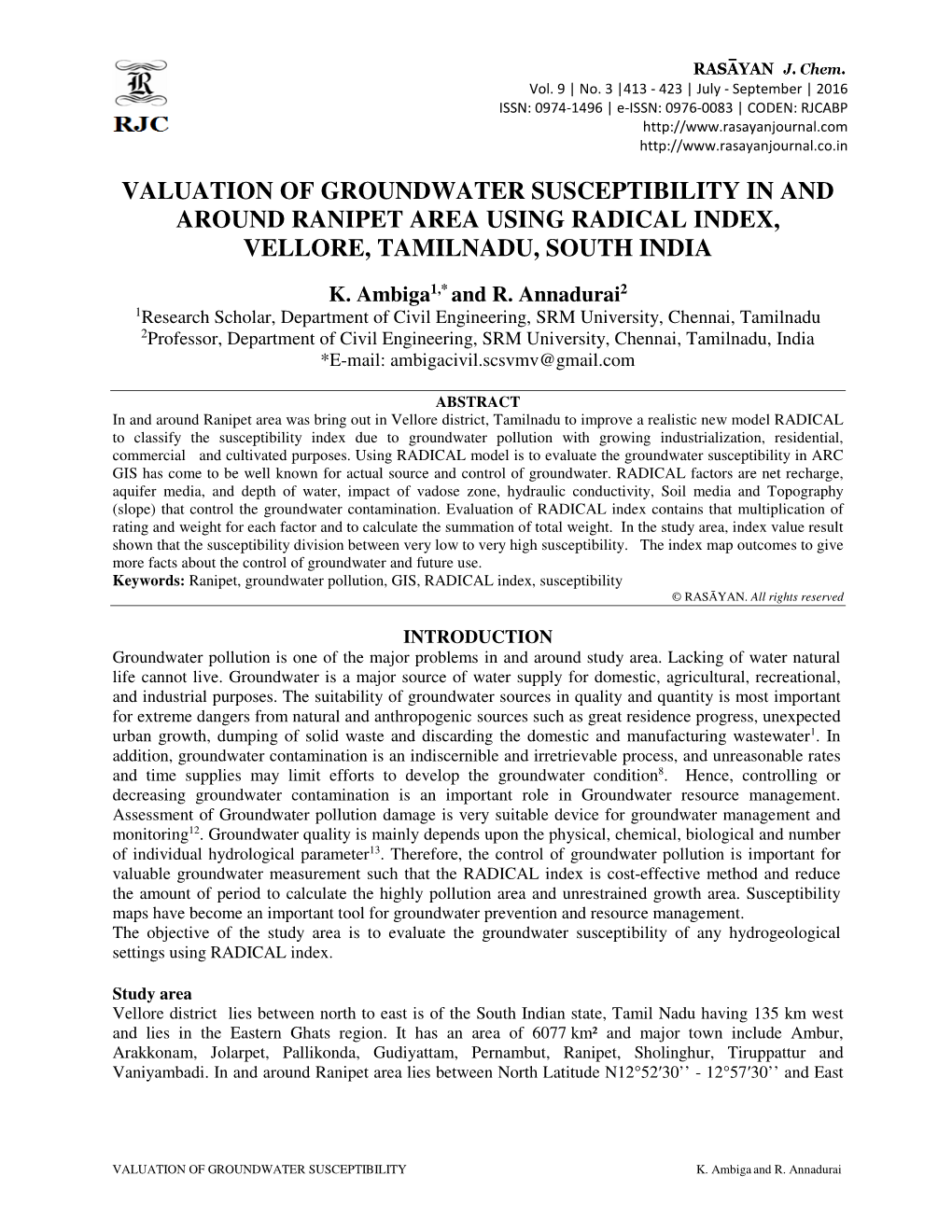 Valuation of Groundwater Susceptibility in and Around Ranipet Area Using Radical Index, Vellore, Tamilnadu, South India