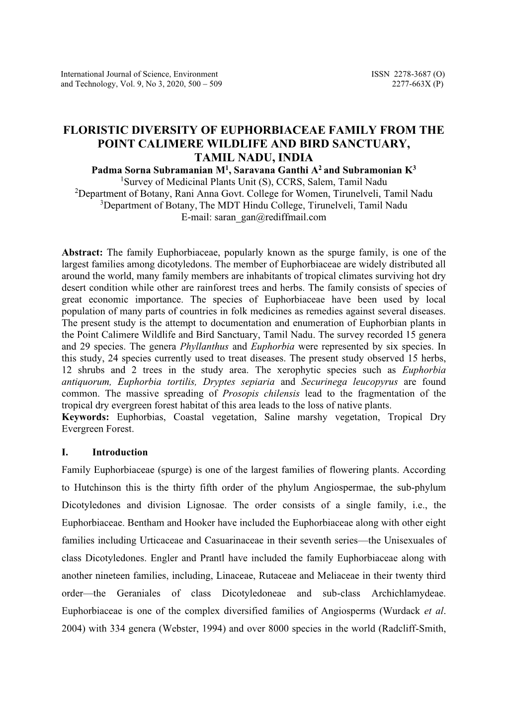 Floristic Diversity of Euphorbiaceae Family From