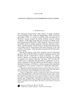 DAVIDSON's PROGRAM and INTERPRETED LOGICAL FORMS the “Interpreted Logical Form” (ILF) Analysis of Attitude Ascriptions