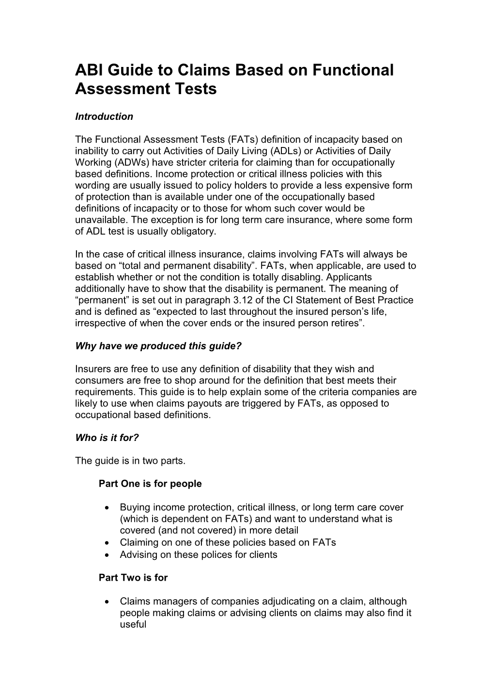 ABI Guide to Claims Based on Functional Assessment Tests