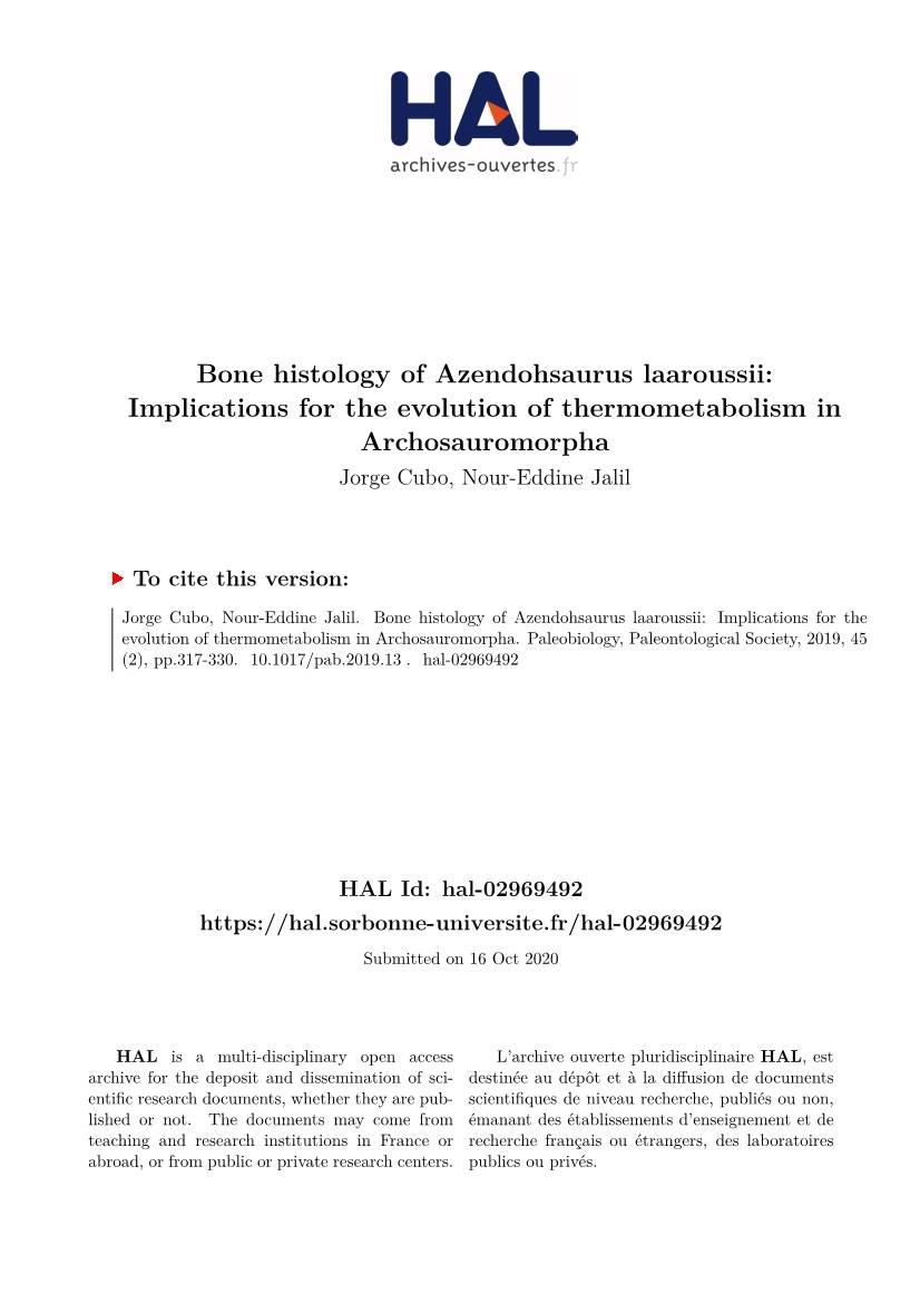 Bone Histology of Azendohsaurus Laaroussii: Implications for the Evolution of Thermometabolism in Archosauromorpha Jorge Cubo, Nour-Eddine Jalil