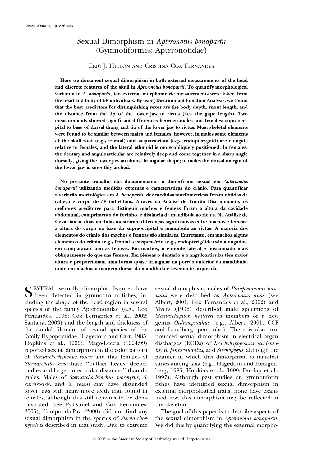 Sexual Dimorphism in Apteronotus Bonapartii (Gymnotiformes: Apteronotidae)