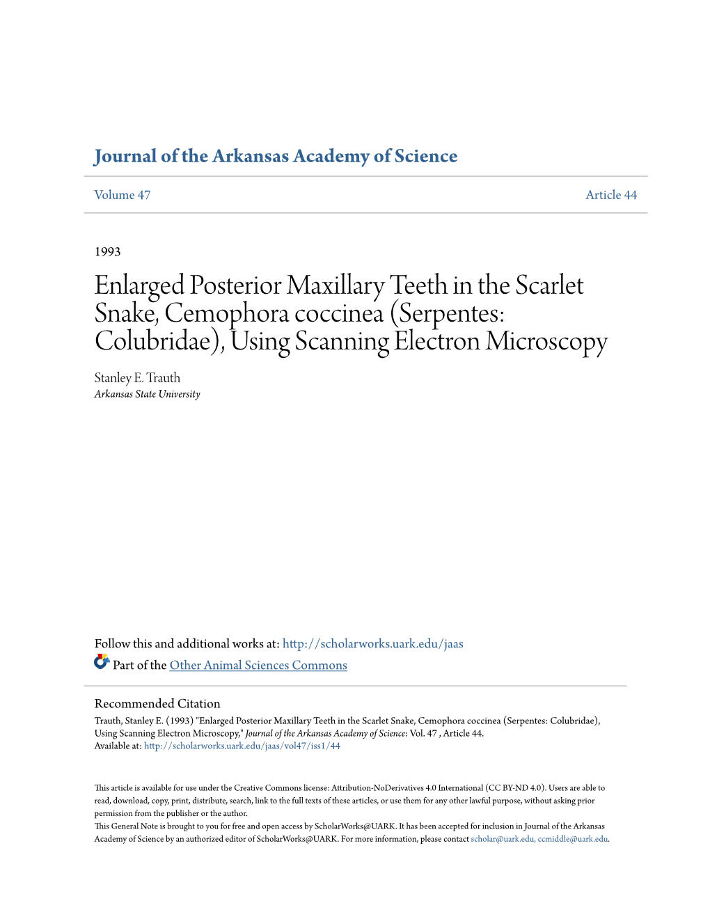 Enlarged Posterior Maxillary Teeth in the Scarlet Snake, Cemophora Coccinea (Serpentes: Colubridae), Using Scanning Electron Microscopy Stanley E