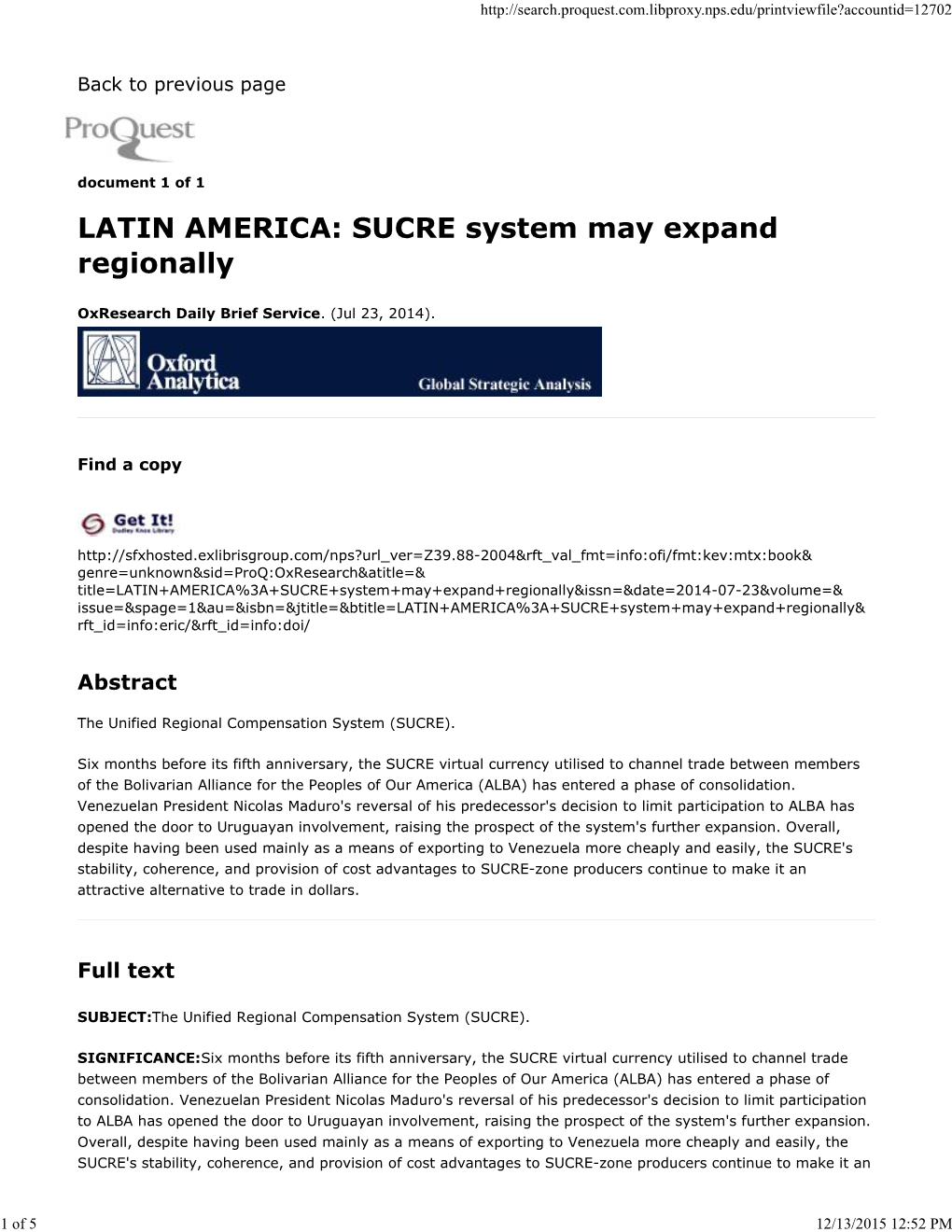 LATIN AMERICA: SUCRE System May Expand Regionally