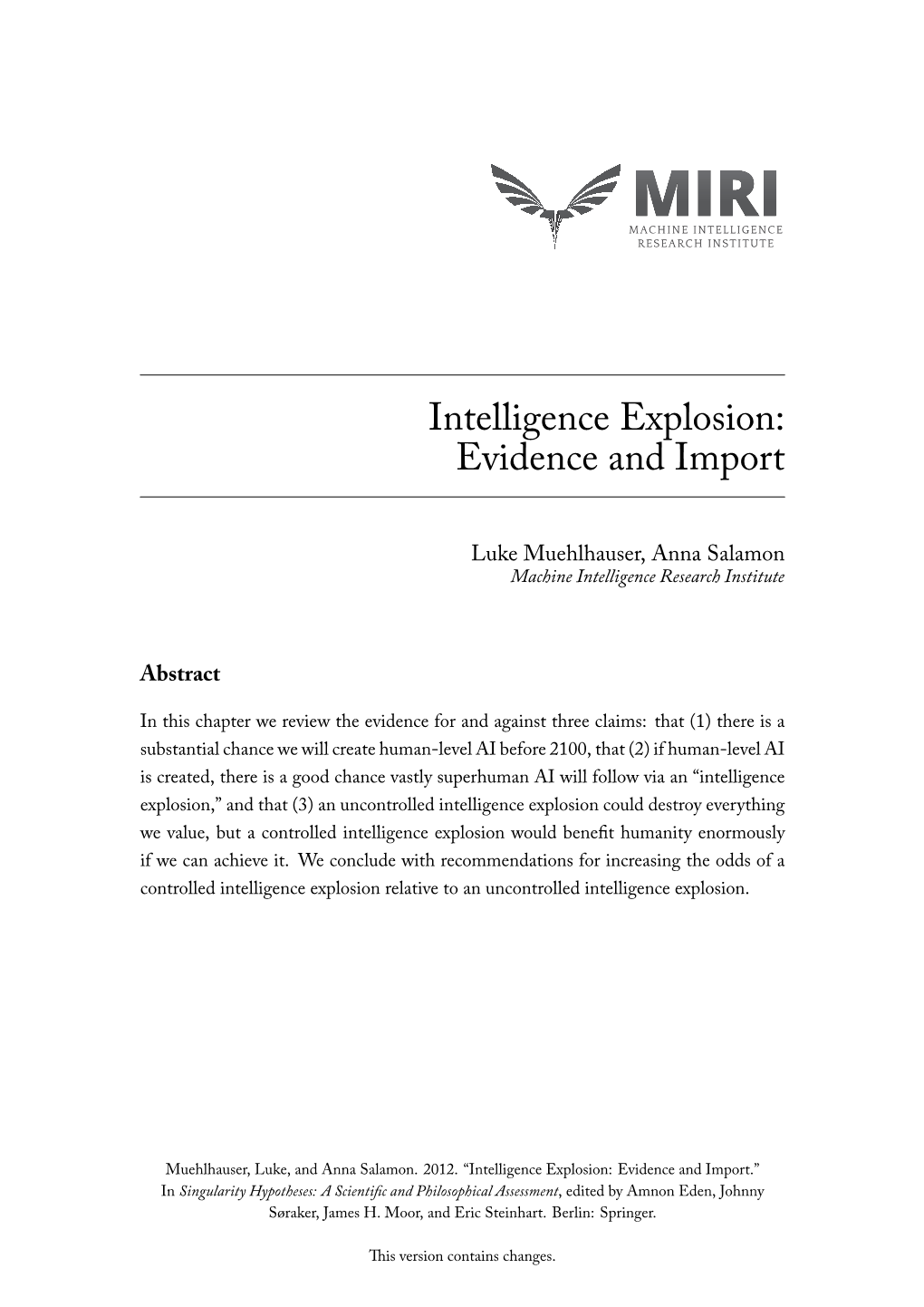 Intelligence Explosion: Evidence and Import