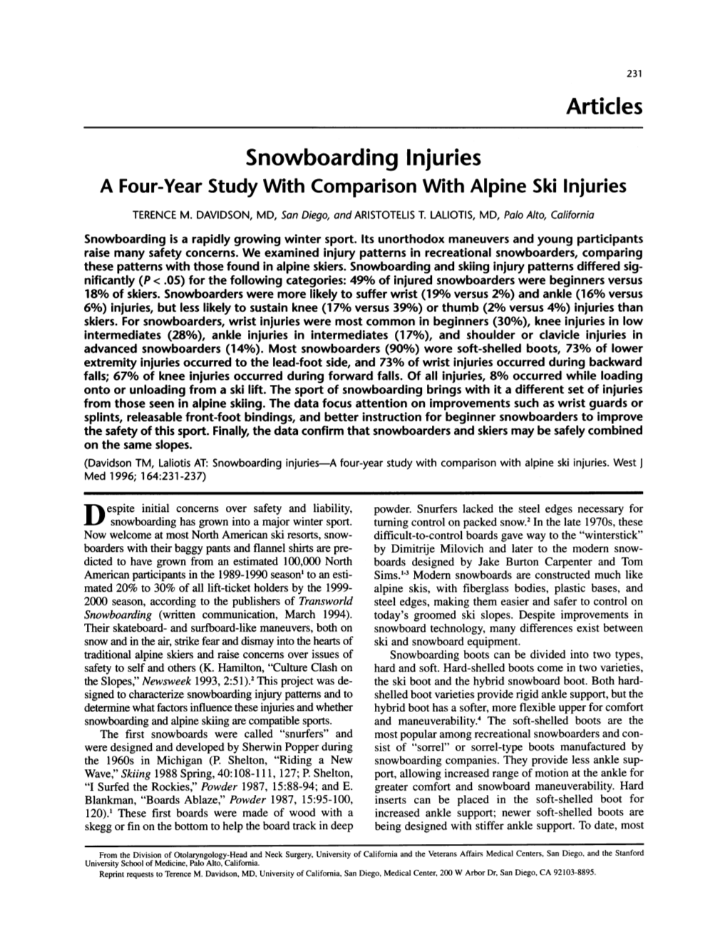 Snowboarding Injuries a Four-Year Study with Comparison with Alpine Ski Injuries TERENCE M