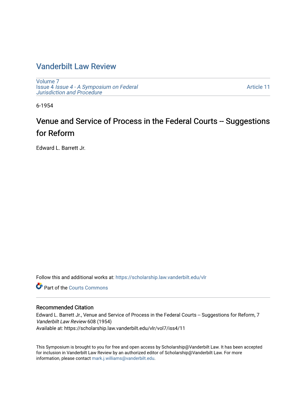Venue and Service of Process in the Federal Courts -- Suggestions for Reform