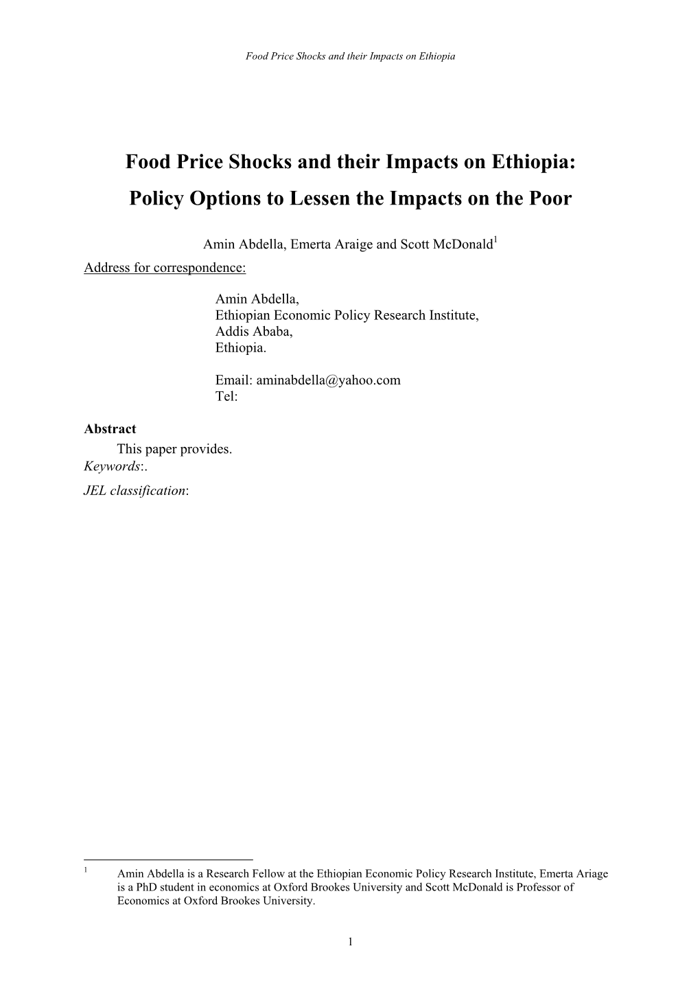 Food Price Shocks and Their Impacts on Ethiopia