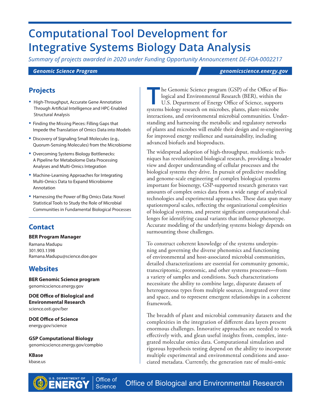 Computational Tool Development for Integrative Systems Biology Data Analysis Summary of Projects Awarded in 2020 Under Funding Opportunity Announcement DE-FOA-0002217