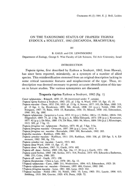 On the Taxonomic Status of Trapezia Tigrina Eydoux & Souleyet, 1842 (Decapoda, Brachyura)