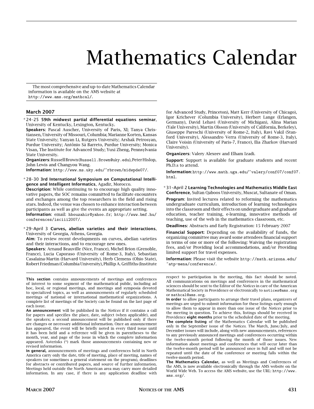 Mathematics Calendar