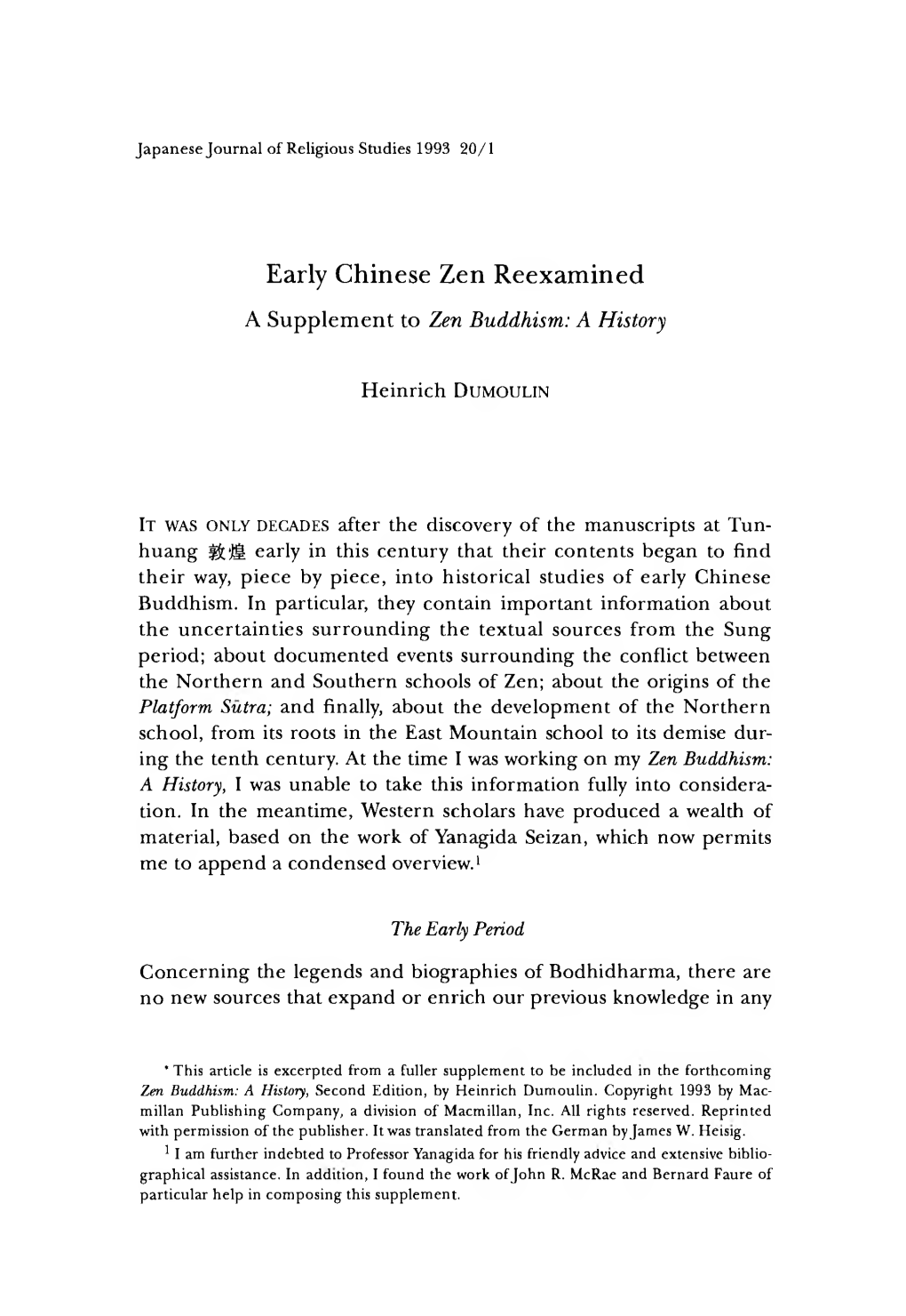 Early Chinese Zen Reexamined a Supplement to Zen Buddhism: a History