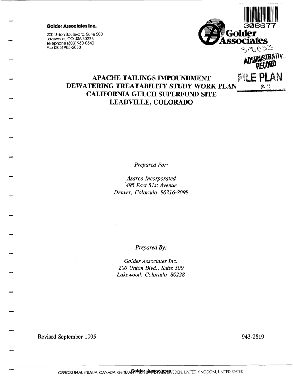 Apache Tailings Impoundment Dewatering Treatability Study Work Plan California Gulch Superfund Site Leadville, Colorado