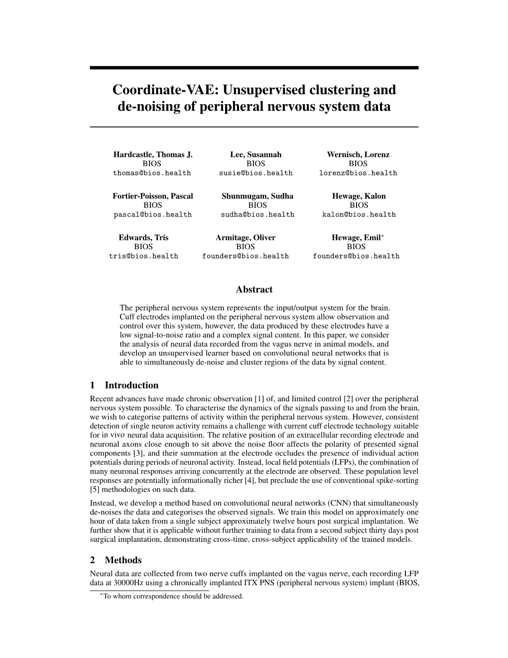 Coordinate-VAE: Unsupervised Clustering and De-Noising of Peripheral Nervous System Data