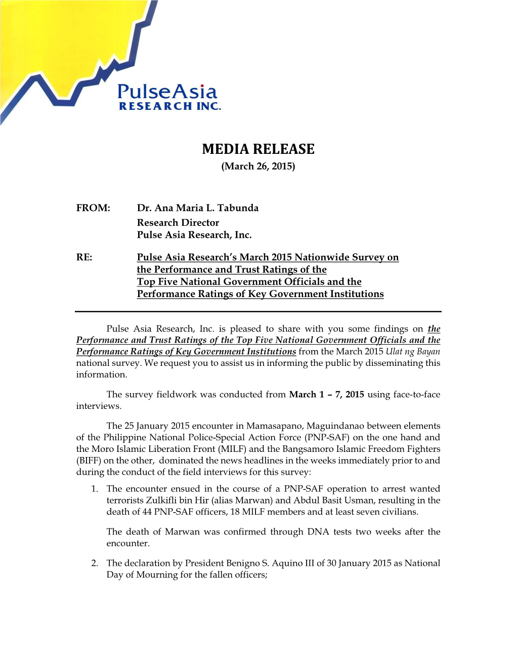 MEDIA RELEASE (March 26, 2015)